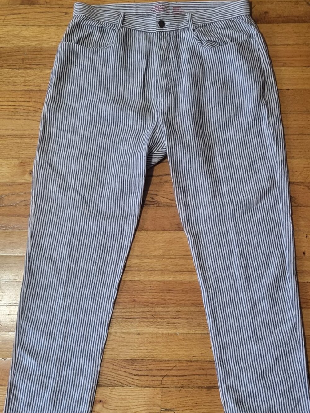 Alex Crane Cham Pants Lines Men’s 33 Blue White Stripe 100% Linen